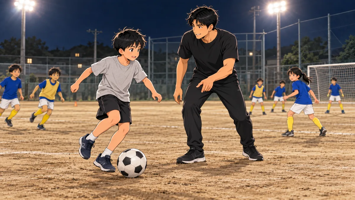 夜のグラウンドで子どもがコーチとサッカーを体験するイラスト