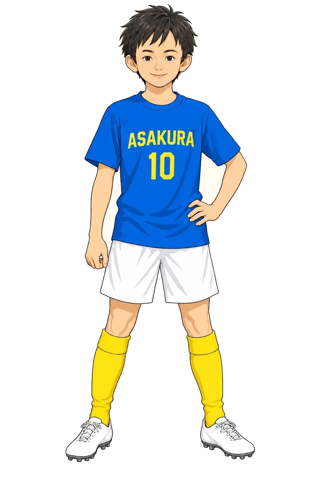 青い練習着に白いパンツ、黄色いソックスの選手